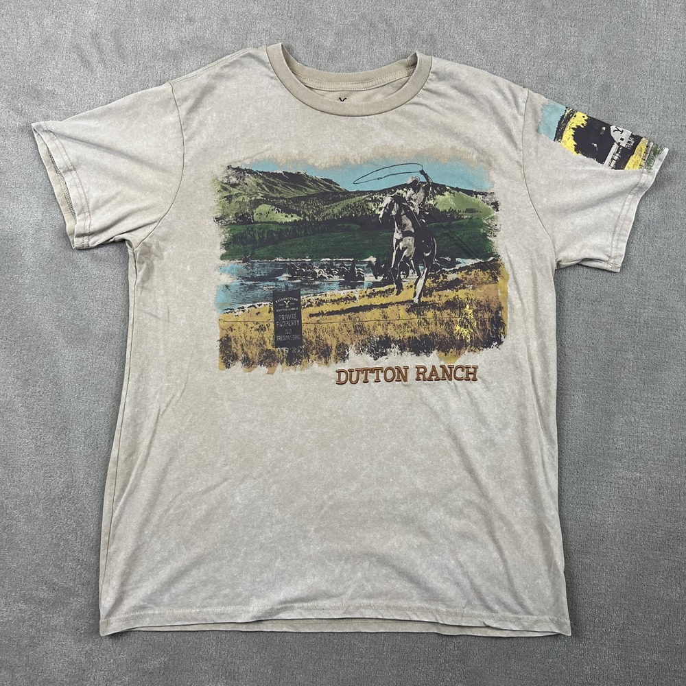 Yellowstone Dutton Ranch T Shirt Mens XL Tan Graphic Tee Cowboy Western TV Show
